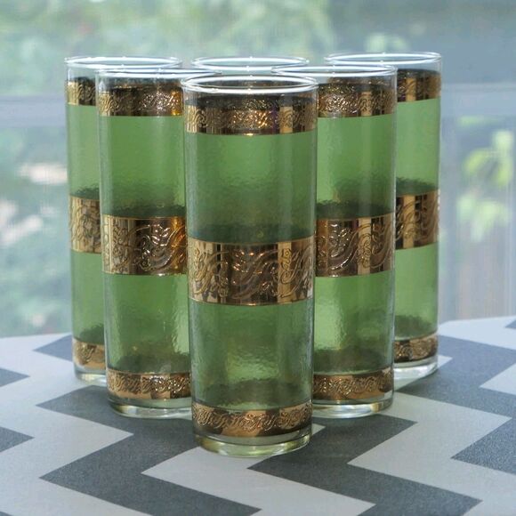 6 VTG 50s 60s MCM Culver Starlyte Glasses Green 22K Gold Filigree Tumblers VGUC - Picture 2 of 8